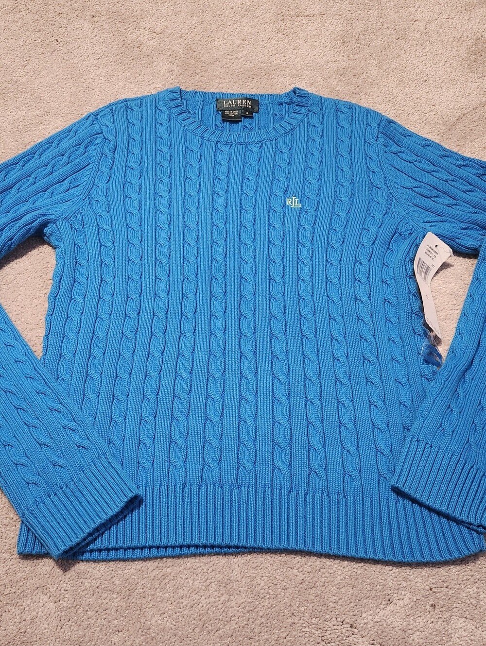 NWT Lauren Ralph Lauren Blue Cable Knit Women's Sweater 100% Cotton Size Small
